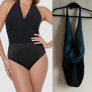 Magic Suit Sz 8 Yves Colorblock Ruched Halter Black Green One Piece Swimsuit